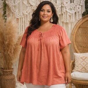 NWT Penningtons 100% Viscose Coral Peasant Blouse | Smocked Yoke Boho Plus Size
